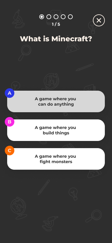 UI for what a question looks like, showing the possible answers.